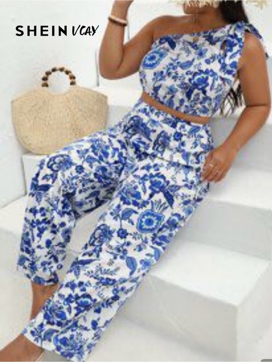 SHEIN Pants - SHEIN Blue & White Floral One-Shoulder Crop Top with Wide-Leg Pants Set